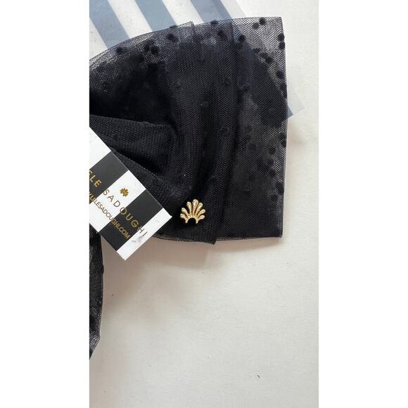 RARE Lele Sadoughi Black Sheer Bow Barrette Gold Charm Logo - Picture 5 of 8